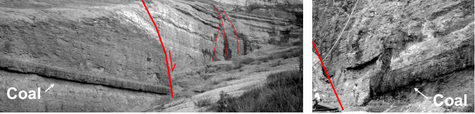 Steep coal and rock bed dips near faults in a Springfield (W. Ky. No 9) coal mine near Sebree in western Kentucky.